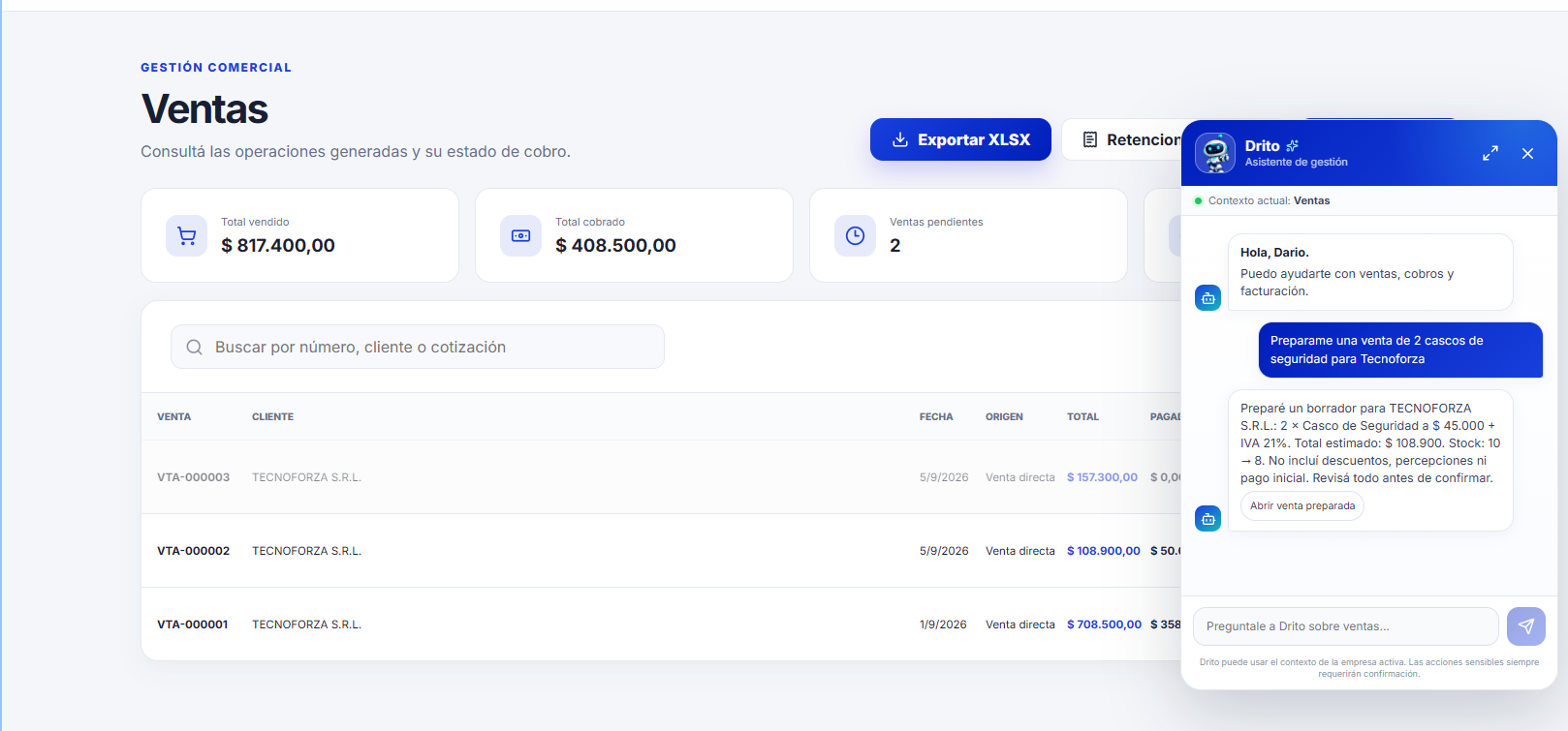 Asistente Drito preparando una venta para revisión antes de confirmarla